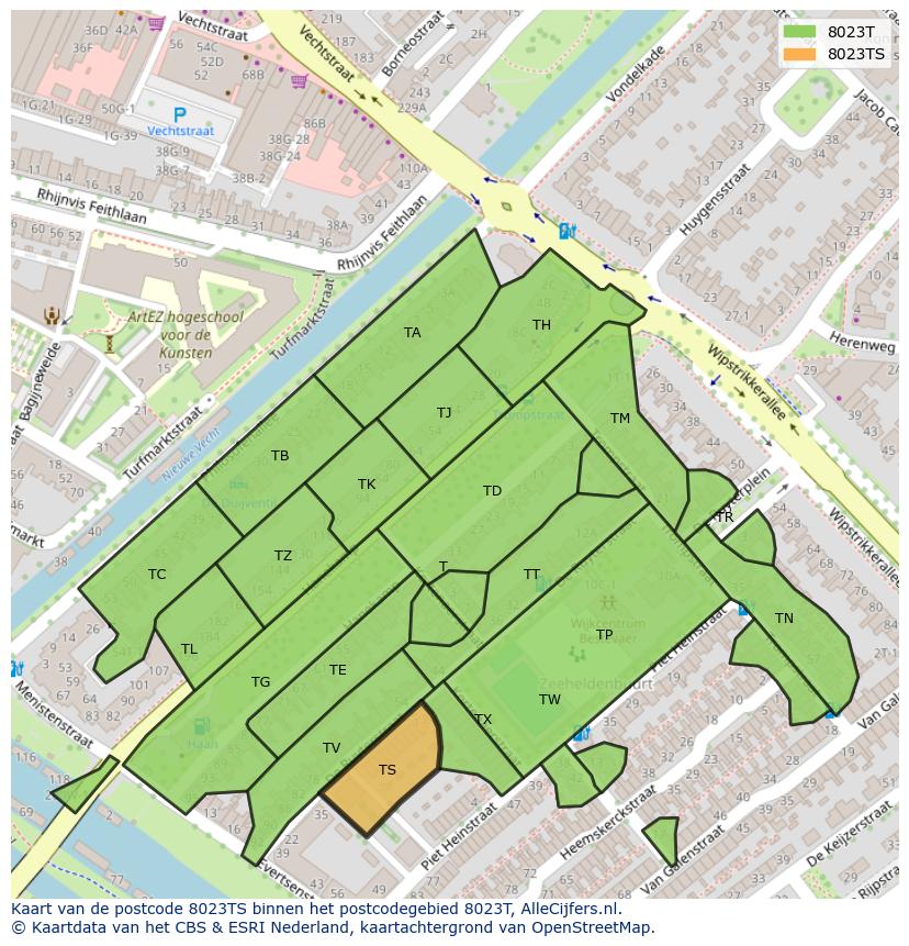 Afbeelding van het postcodegebied 8023 TS op de kaart.