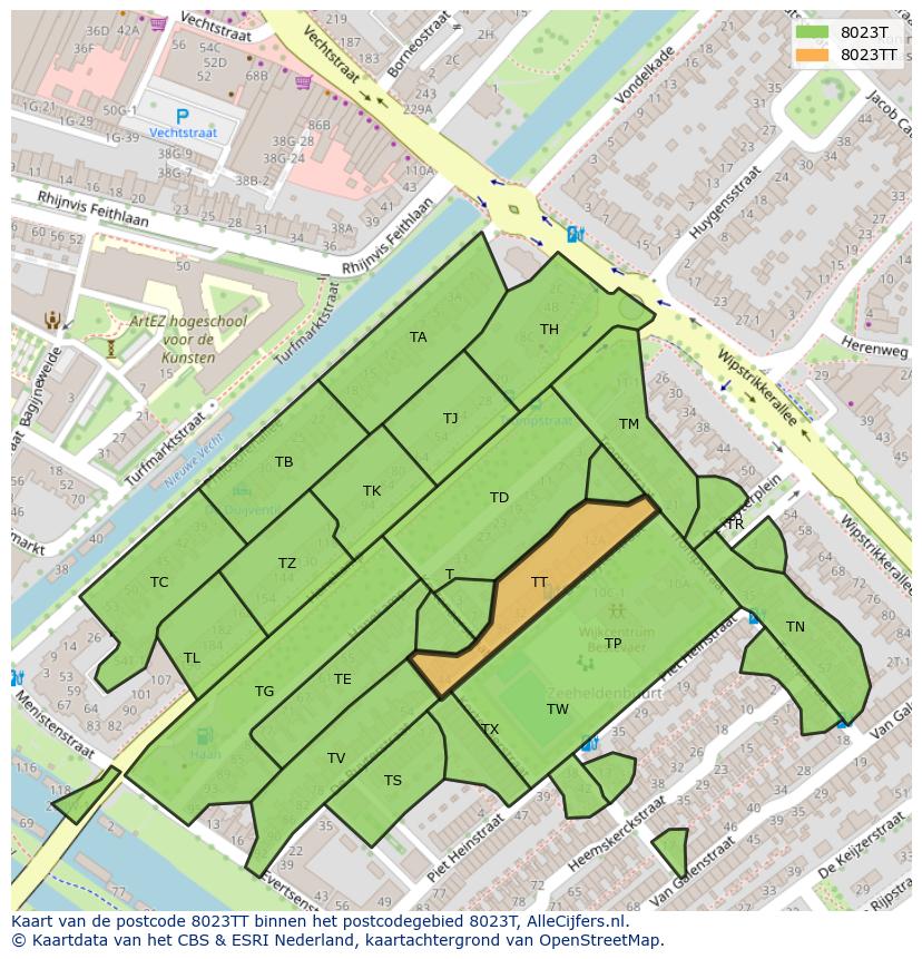 Afbeelding van het postcodegebied 8023 TT op de kaart.