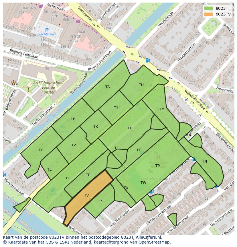 Afbeelding van het postcodegebied 8023 TV op de kaart.