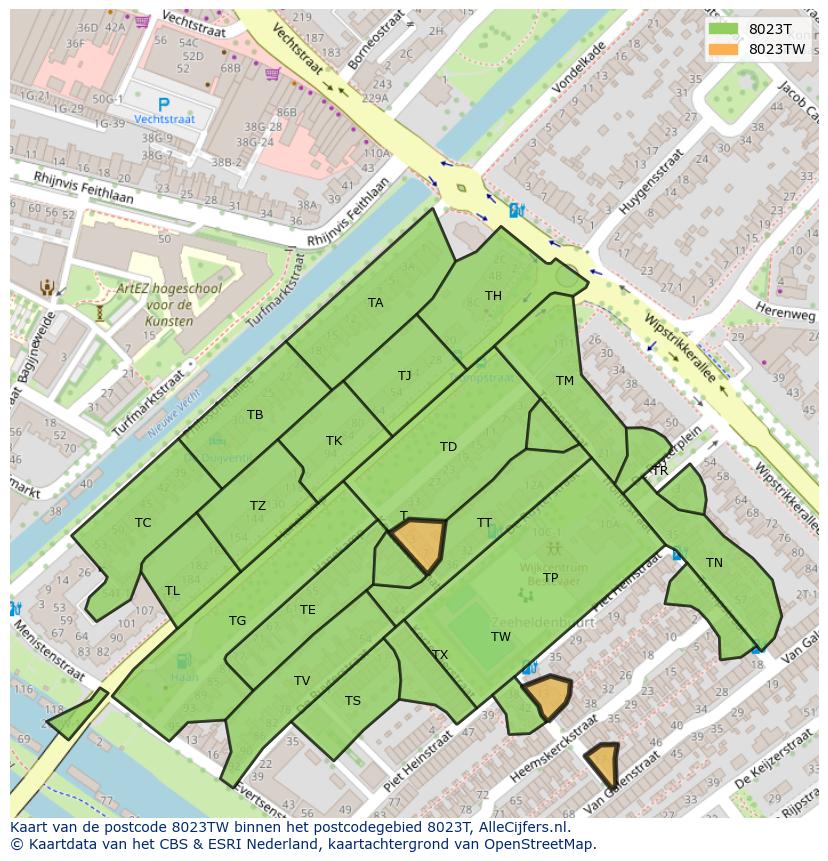 Afbeelding van het postcodegebied 8023 TW op de kaart.