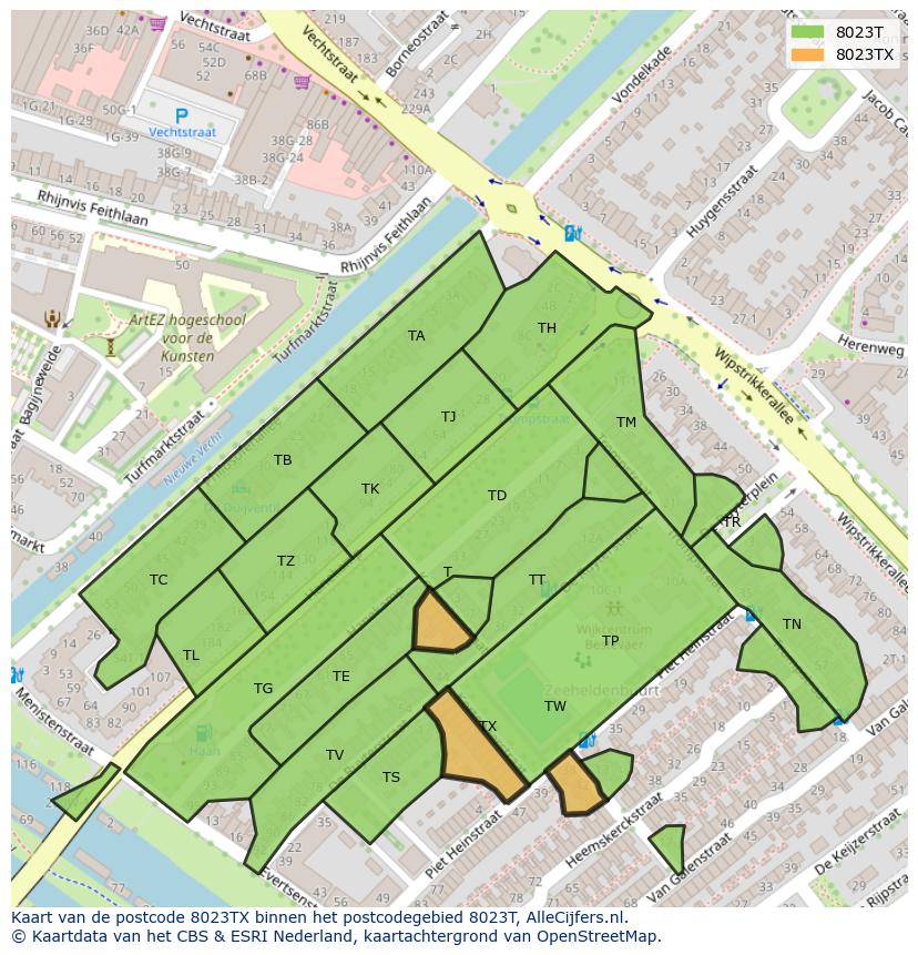 Afbeelding van het postcodegebied 8023 TX op de kaart.