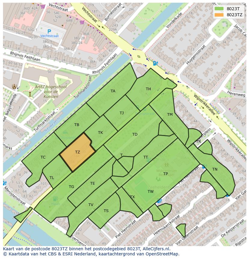 Afbeelding van het postcodegebied 8023 TZ op de kaart.