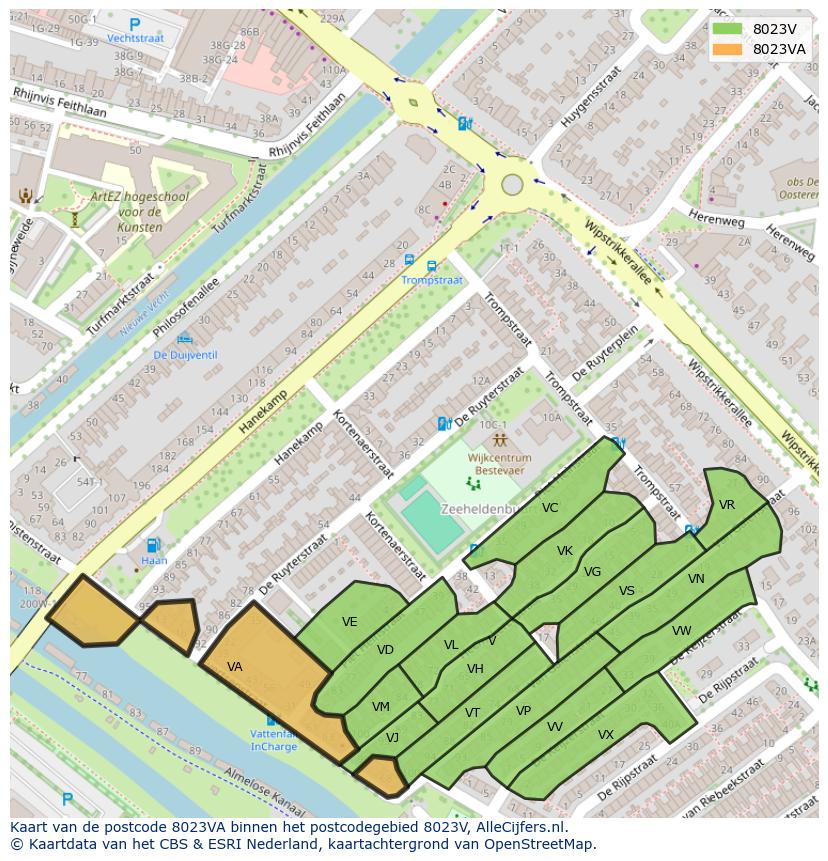Afbeelding van het postcodegebied 8023 VA op de kaart.