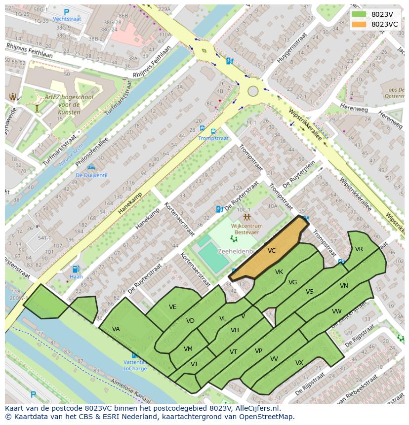 Afbeelding van het postcodegebied 8023 VC op de kaart.