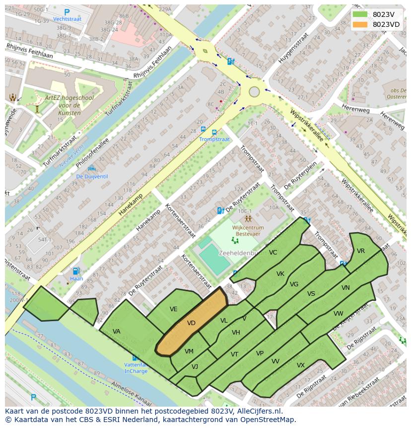 Afbeelding van het postcodegebied 8023 VD op de kaart.