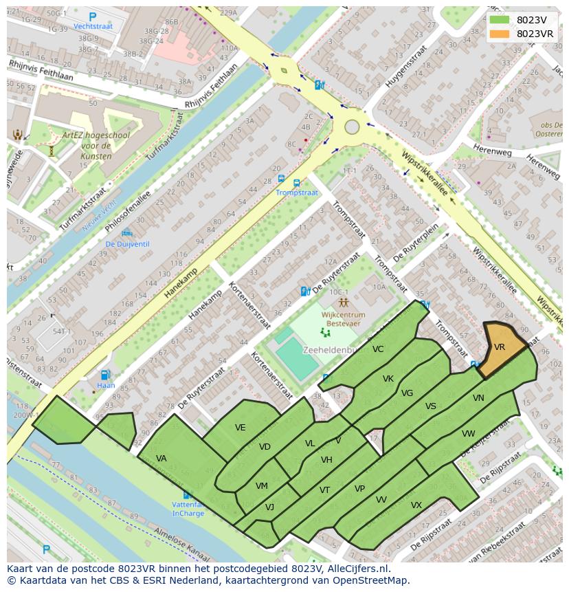 Afbeelding van het postcodegebied 8023 VR op de kaart.
