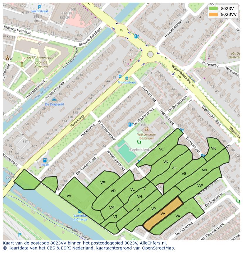 Afbeelding van het postcodegebied 8023 VV op de kaart.