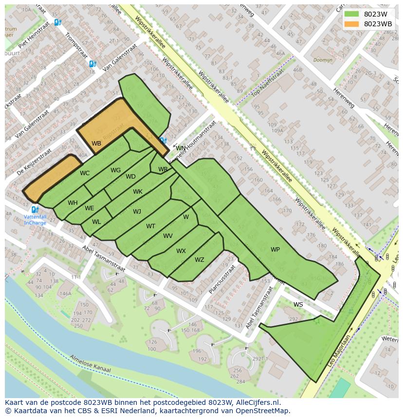 Afbeelding van het postcodegebied 8023 WB op de kaart.