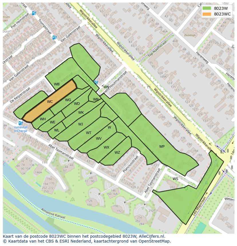Afbeelding van het postcodegebied 8023 WC op de kaart.