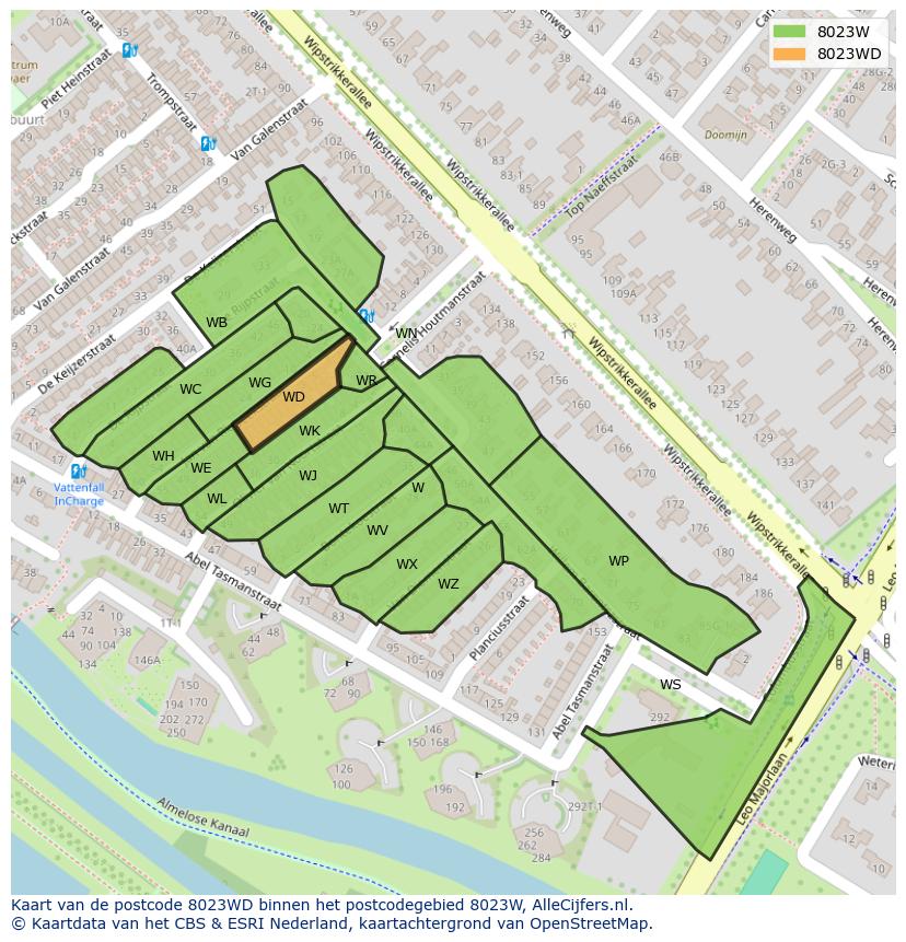 Afbeelding van het postcodegebied 8023 WD op de kaart.