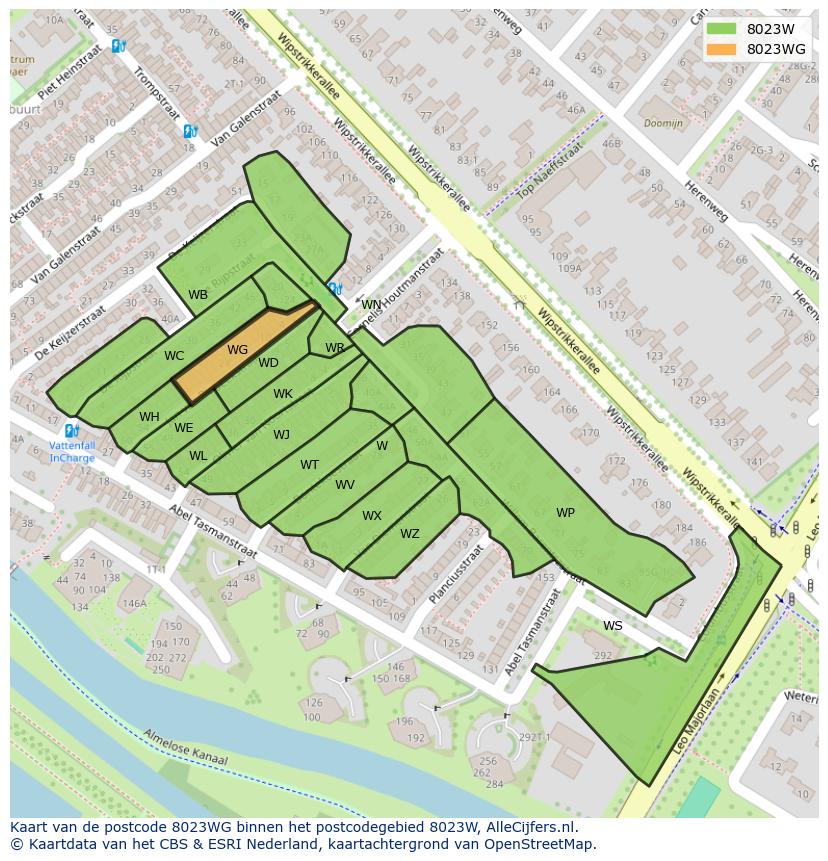 Afbeelding van het postcodegebied 8023 WG op de kaart.