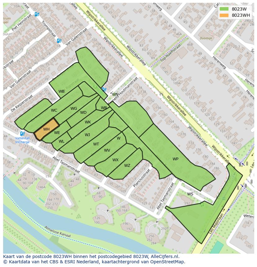 Afbeelding van het postcodegebied 8023 WH op de kaart.