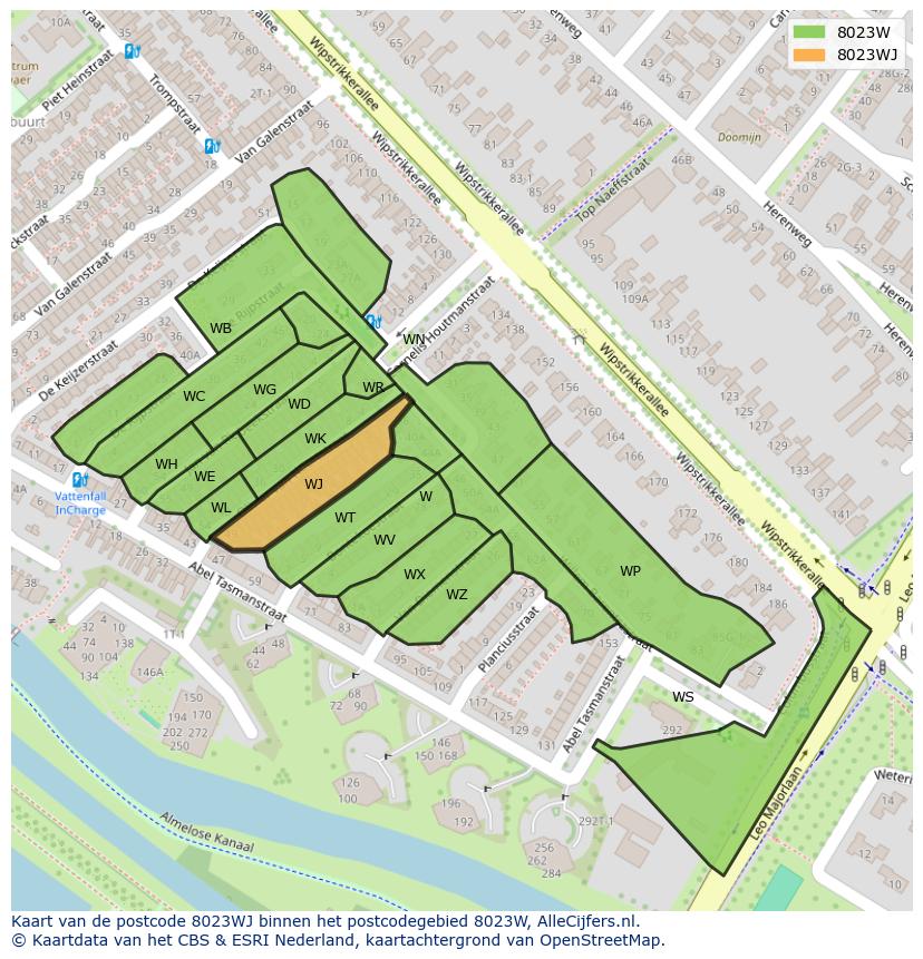 Afbeelding van het postcodegebied 8023 WJ op de kaart.
