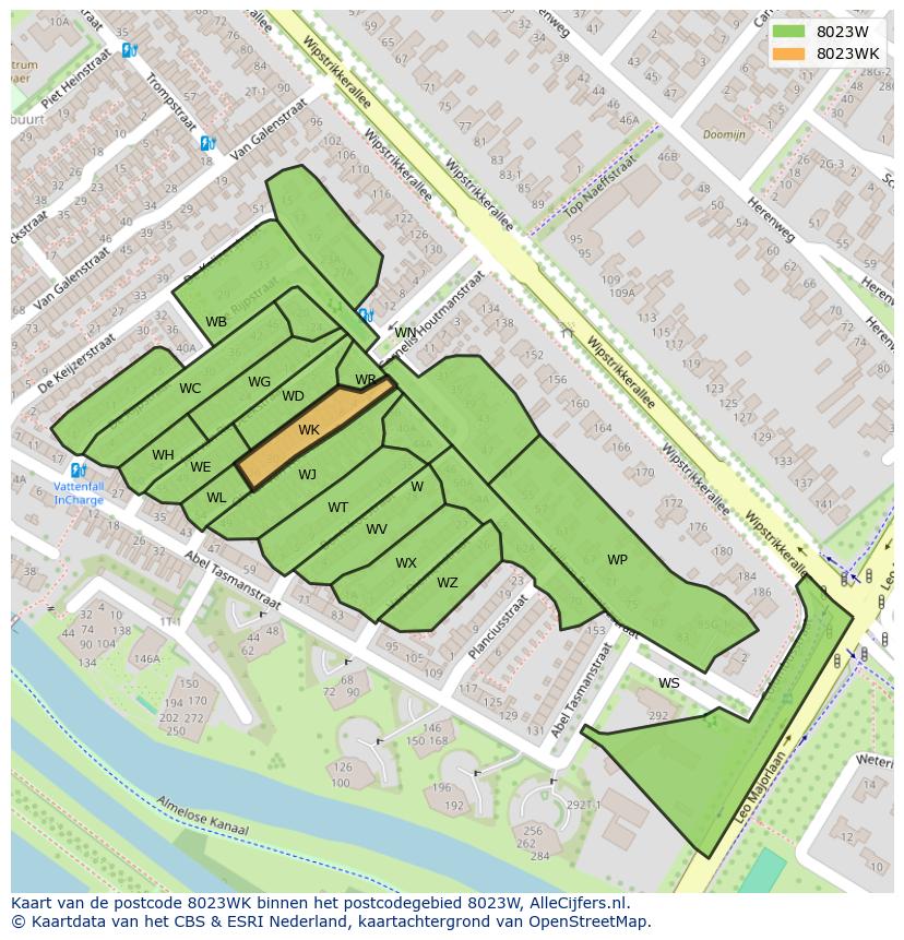 Afbeelding van het postcodegebied 8023 WK op de kaart.