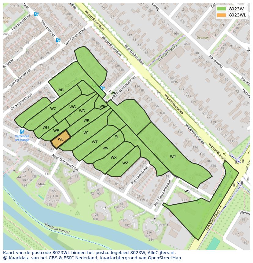 Afbeelding van het postcodegebied 8023 WL op de kaart.