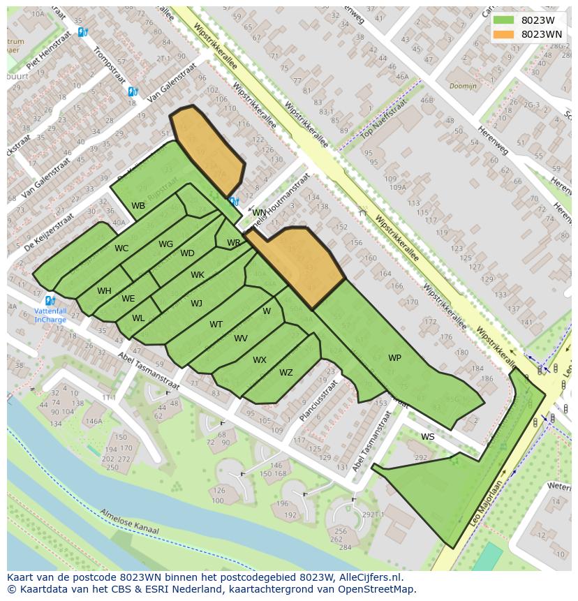 Afbeelding van het postcodegebied 8023 WN op de kaart.