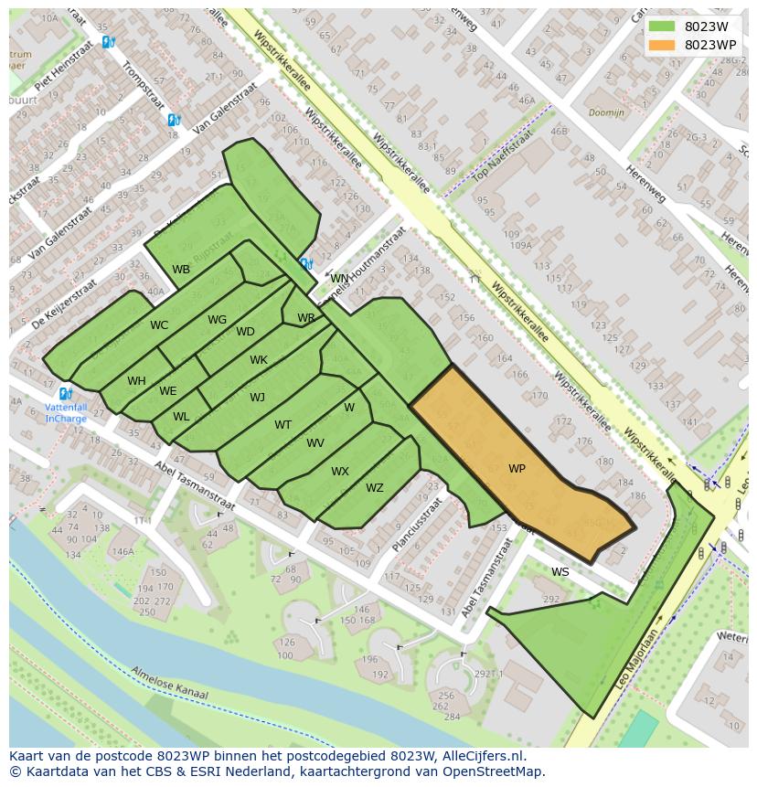 Afbeelding van het postcodegebied 8023 WP op de kaart.
