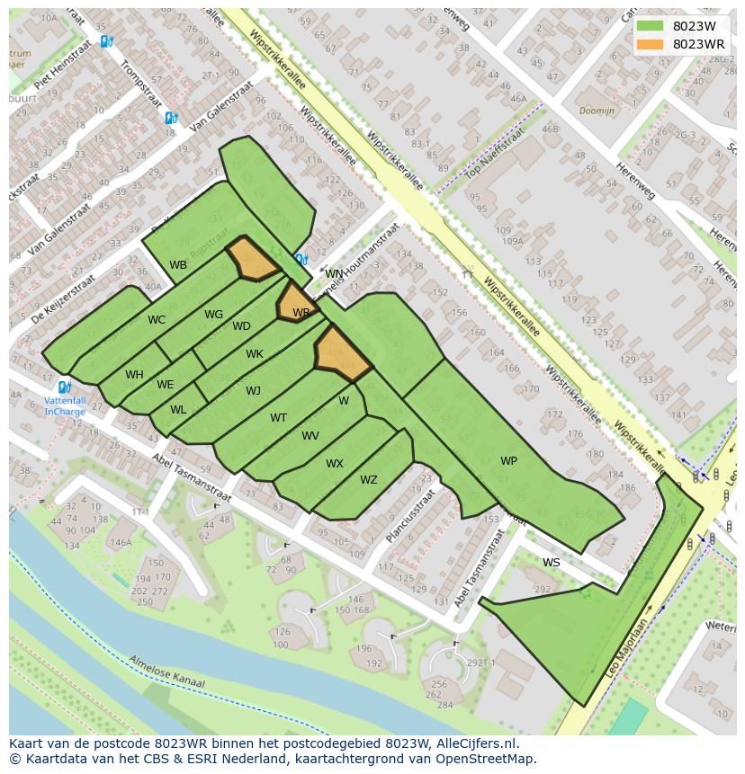 Afbeelding van het postcodegebied 8023 WR op de kaart.