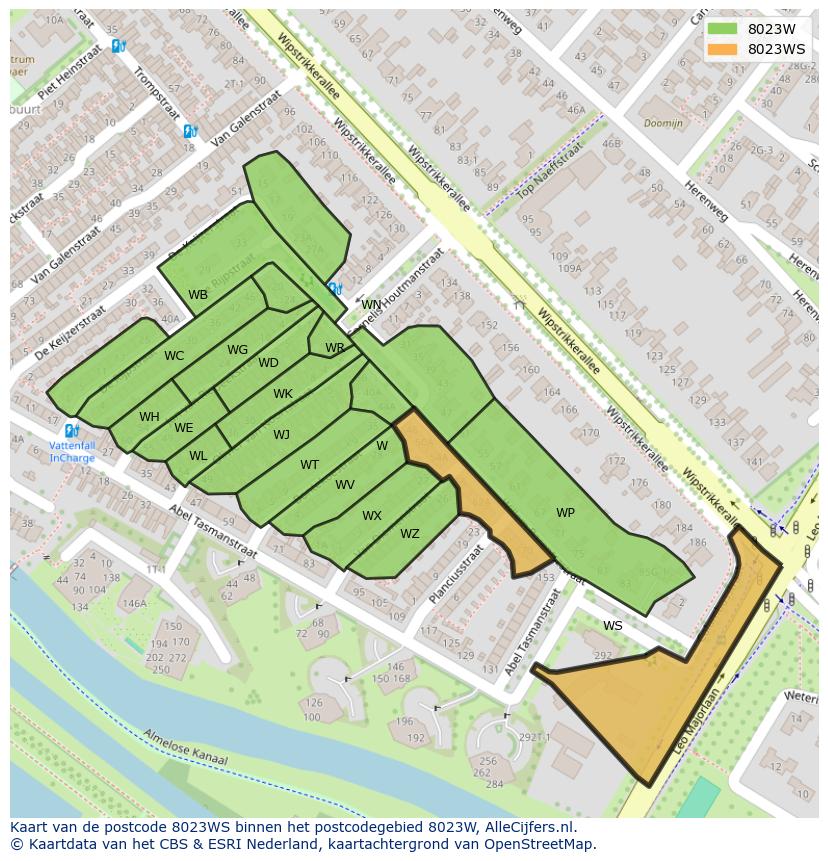 Afbeelding van het postcodegebied 8023 WS op de kaart.