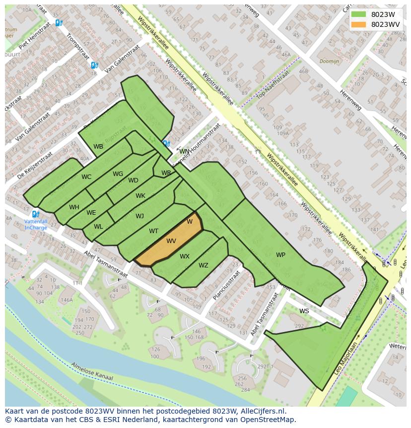 Afbeelding van het postcodegebied 8023 WV op de kaart.