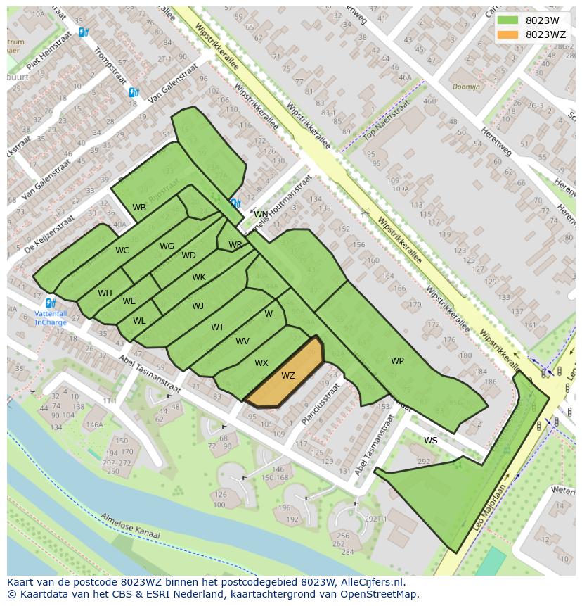 Afbeelding van het postcodegebied 8023 WZ op de kaart.