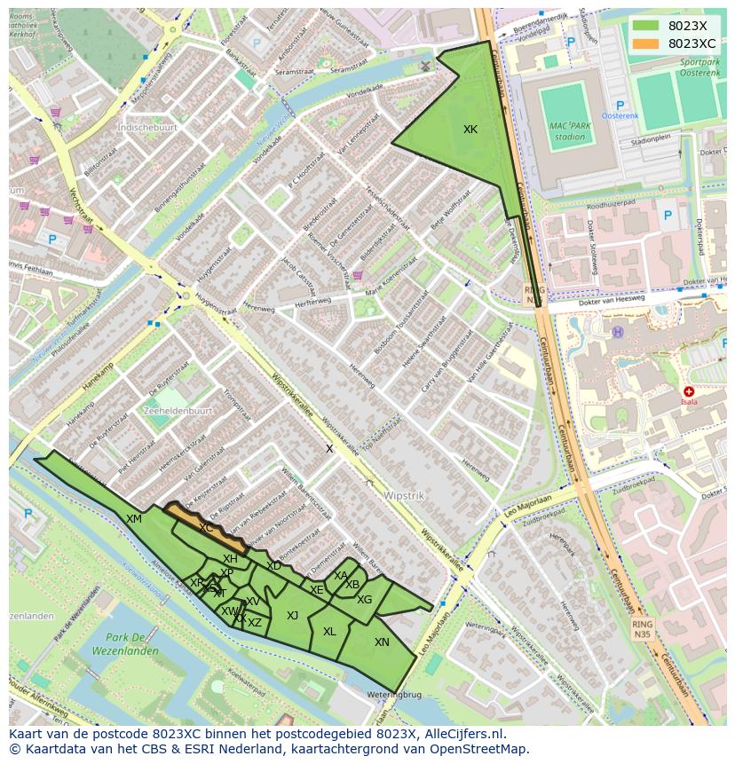 Afbeelding van het postcodegebied 8023 XC op de kaart.