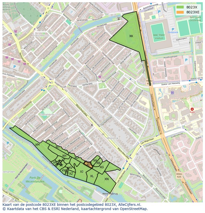 Afbeelding van het postcodegebied 8023 XE op de kaart.