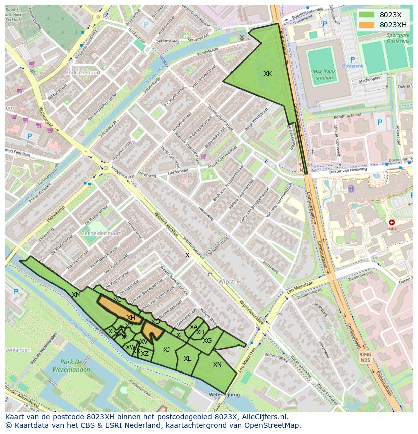 Afbeelding van het postcodegebied 8023 XH op de kaart.