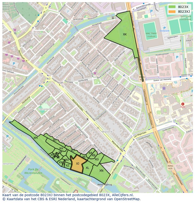 Afbeelding van het postcodegebied 8023 XJ op de kaart.