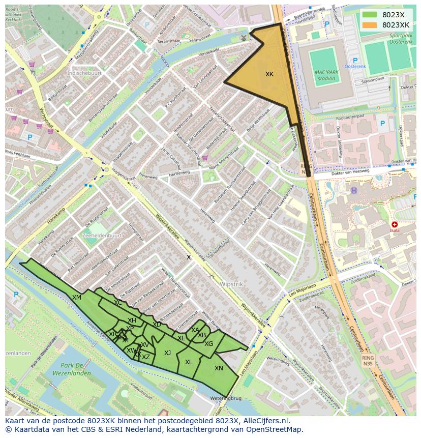 Afbeelding van het postcodegebied 8023 XK op de kaart.