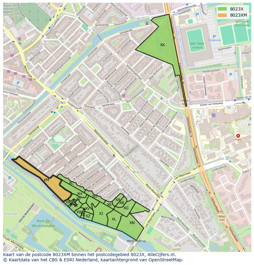 Afbeelding van het postcodegebied 8023 XM op de kaart.