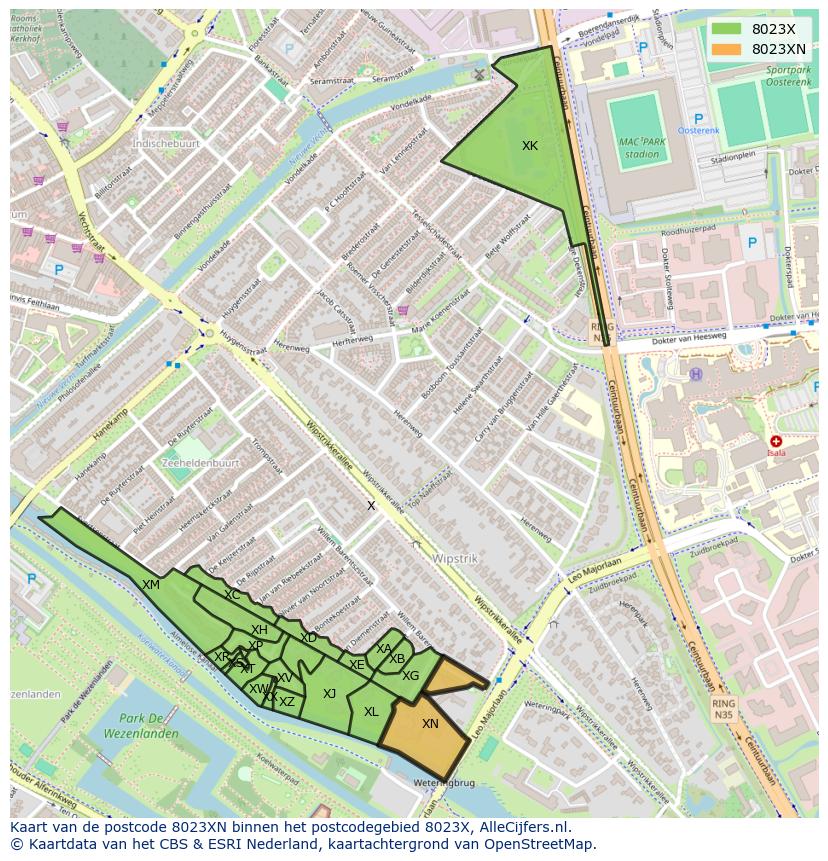 Afbeelding van het postcodegebied 8023 XN op de kaart.