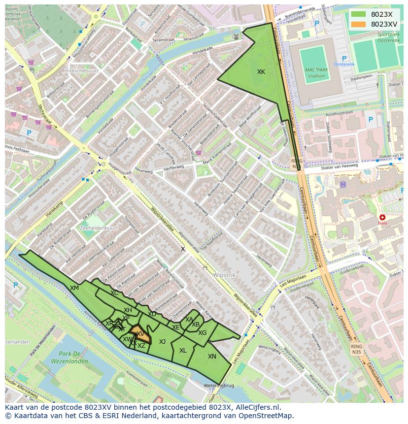 Afbeelding van het postcodegebied 8023 XV op de kaart.