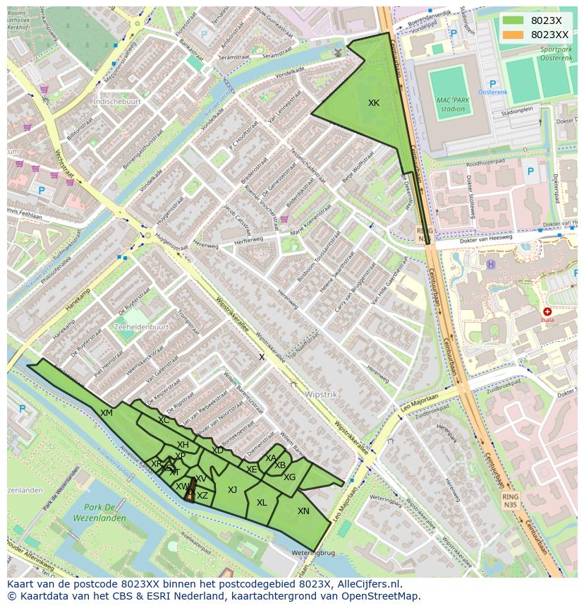 Afbeelding van het postcodegebied 8023 XX op de kaart.