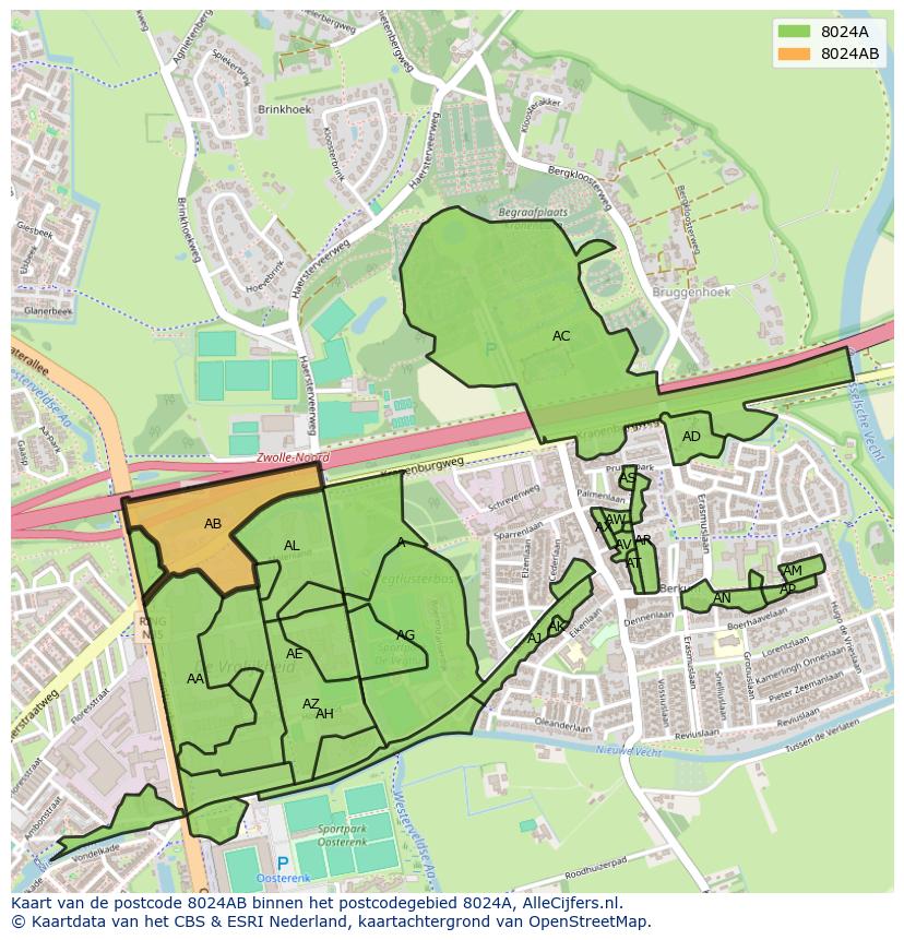 Afbeelding van het postcodegebied 8024 AB op de kaart.