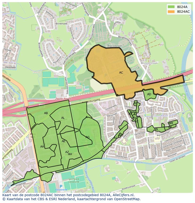 Afbeelding van het postcodegebied 8024 AC op de kaart.