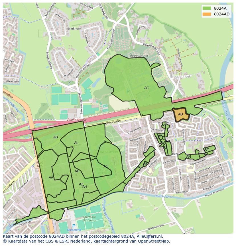Afbeelding van het postcodegebied 8024 AD op de kaart.
