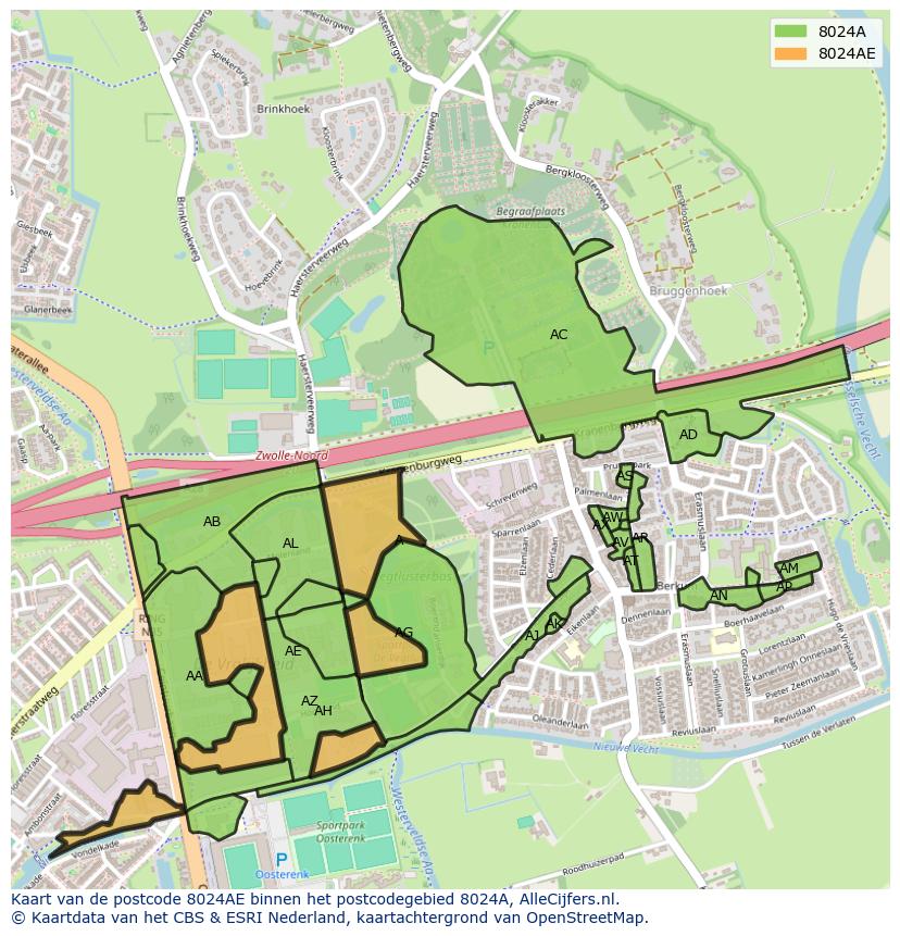 Afbeelding van het postcodegebied 8024 AE op de kaart.