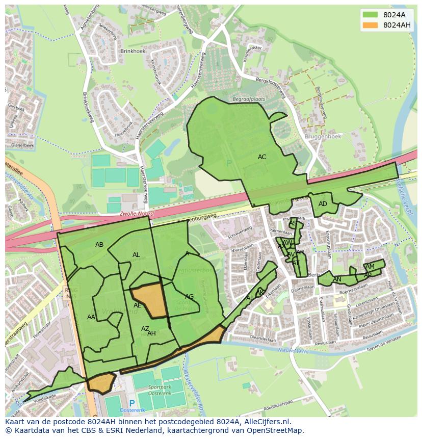 Afbeelding van het postcodegebied 8024 AH op de kaart.