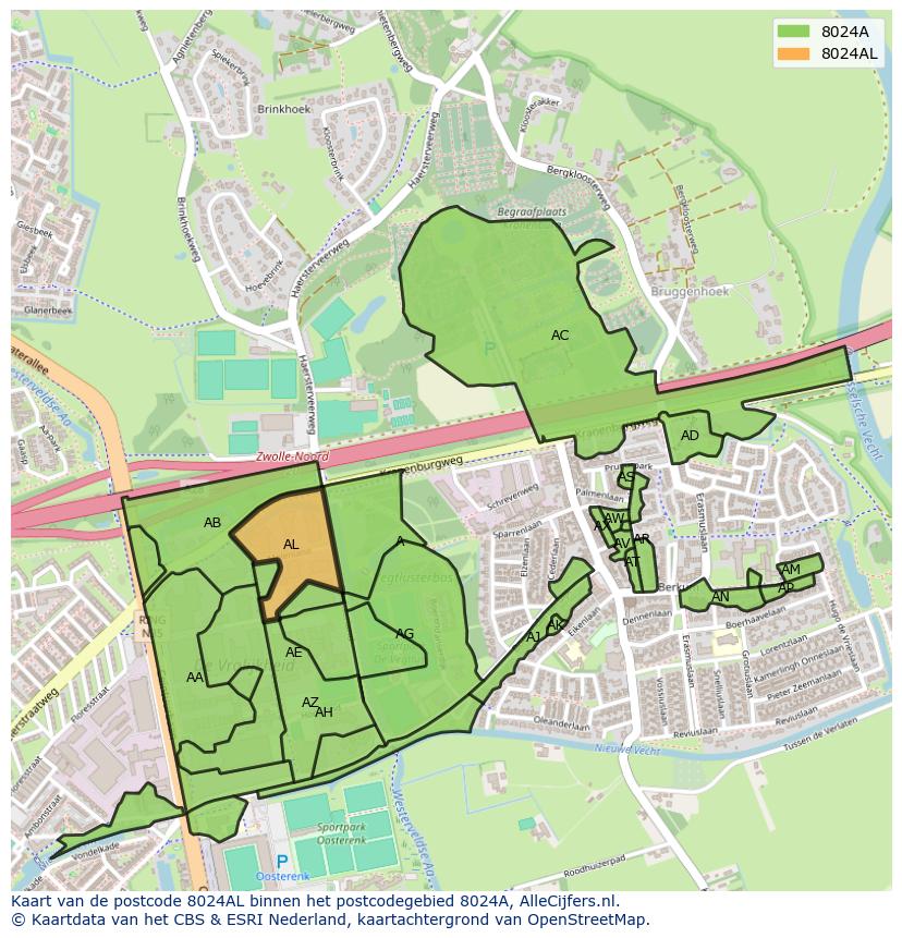 Afbeelding van het postcodegebied 8024 AL op de kaart.