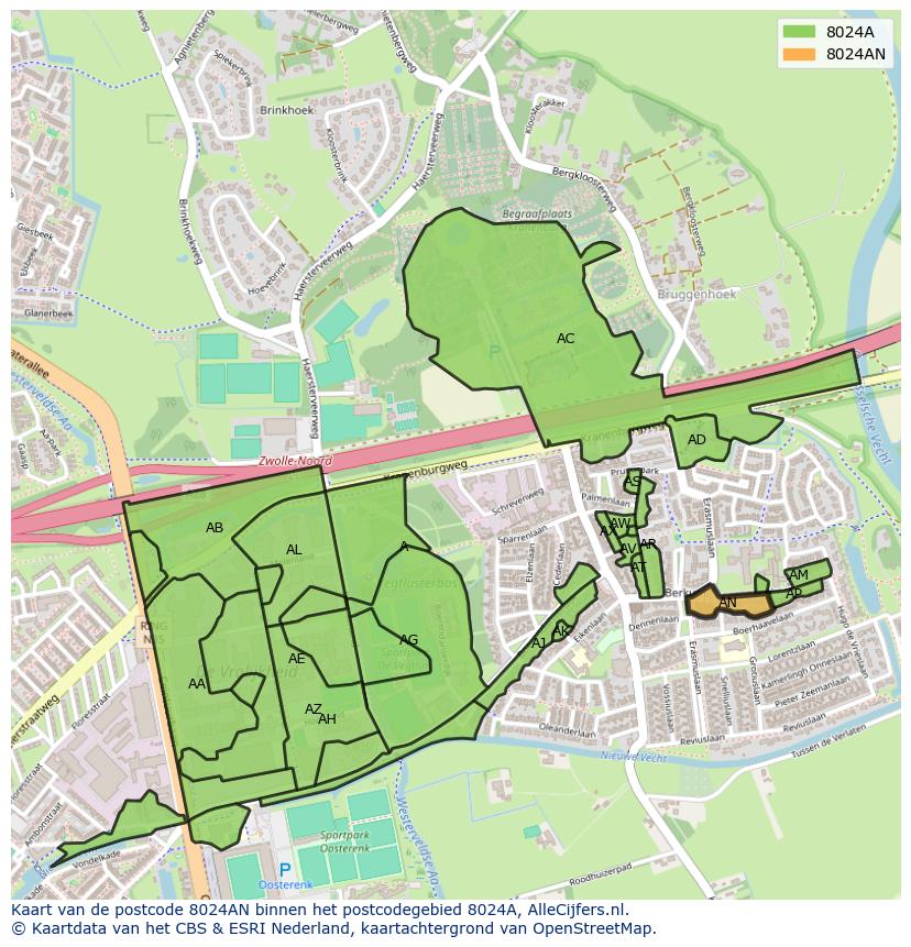 Afbeelding van het postcodegebied 8024 AN op de kaart.