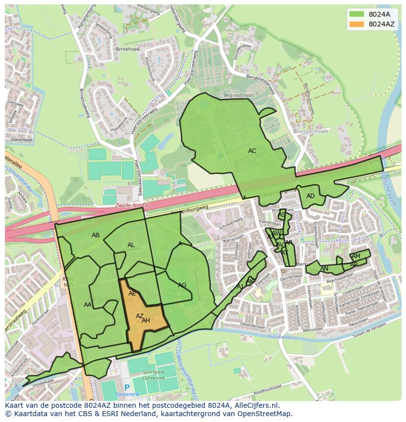 Afbeelding van het postcodegebied 8024 AZ op de kaart.