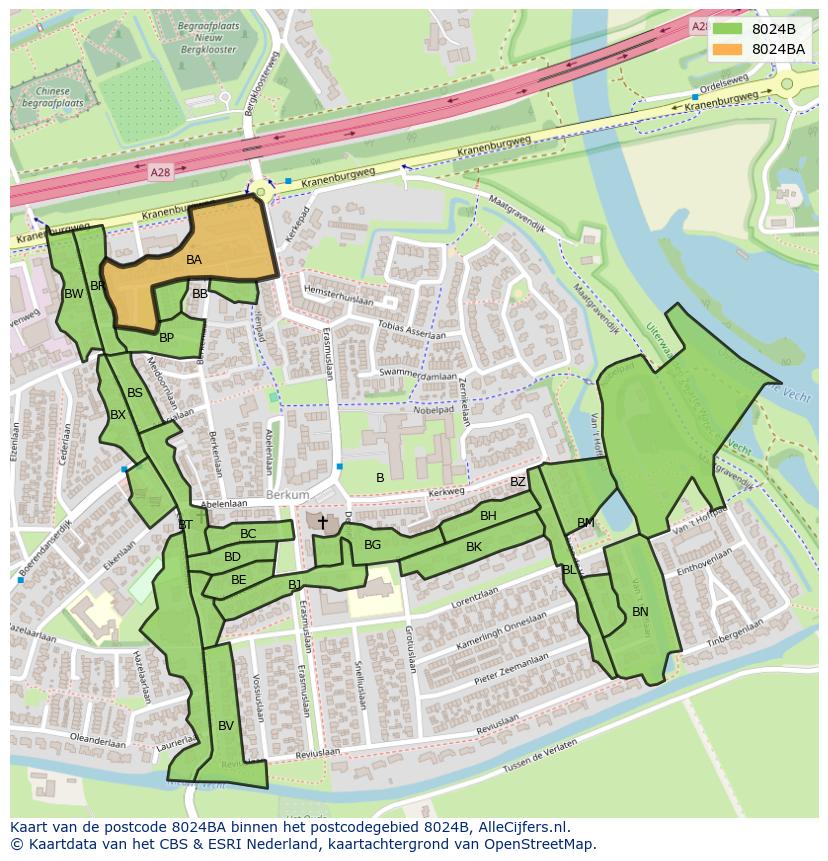 Afbeelding van het postcodegebied 8024 BA op de kaart.