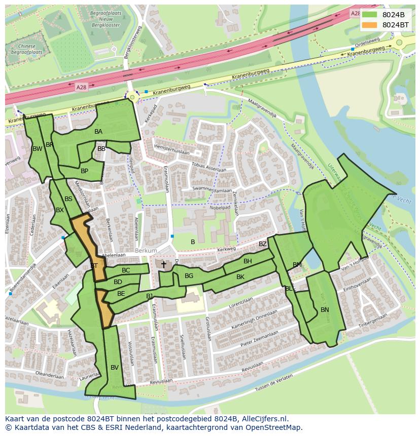 Afbeelding van het postcodegebied 8024 BT op de kaart.