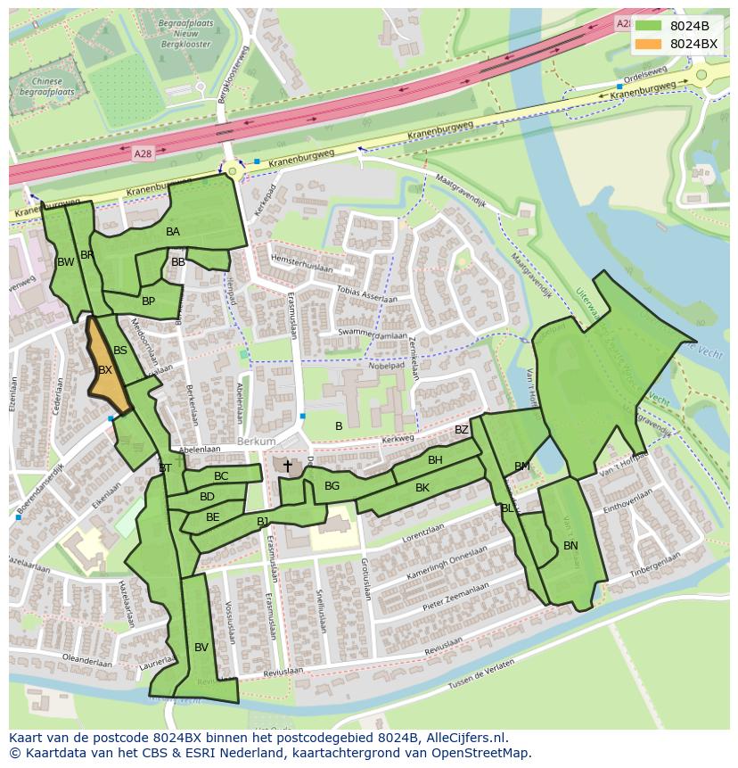 Afbeelding van het postcodegebied 8024 BX op de kaart.