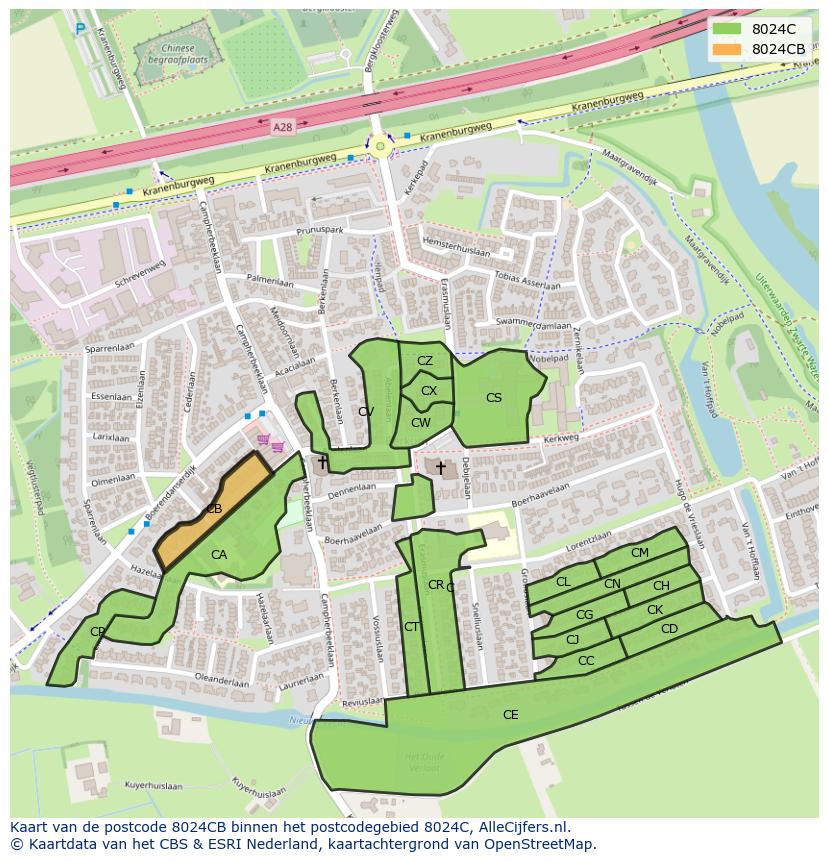 Afbeelding van het postcodegebied 8024 CB op de kaart.