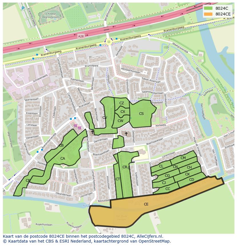 Afbeelding van het postcodegebied 8024 CE op de kaart.