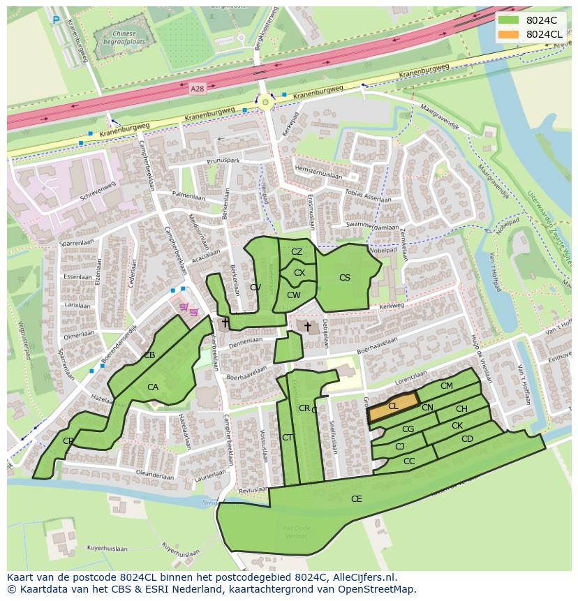 Afbeelding van het postcodegebied 8024 CL op de kaart.