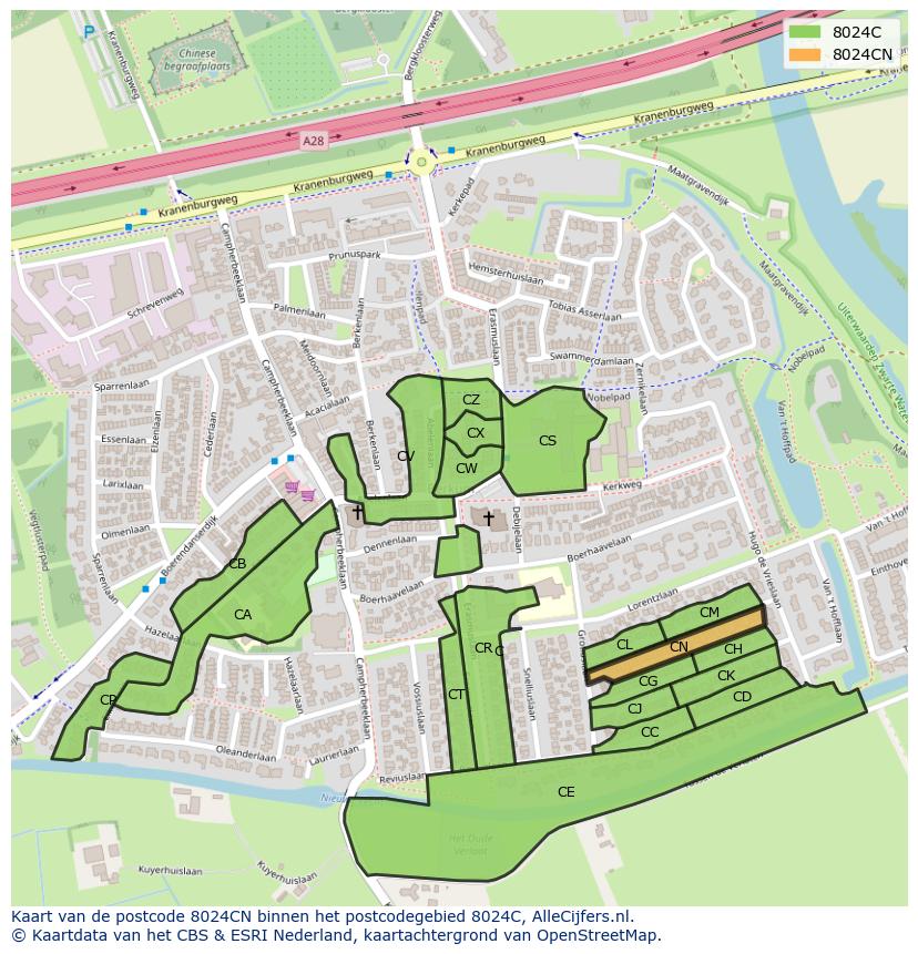 Afbeelding van het postcodegebied 8024 CN op de kaart.