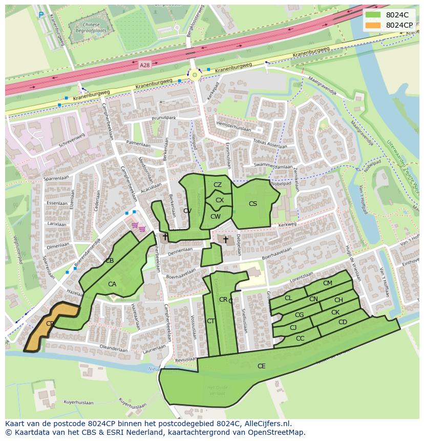 Afbeelding van het postcodegebied 8024 CP op de kaart.